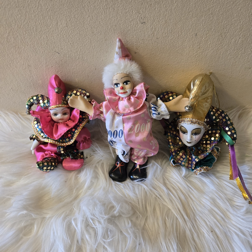 Vintage Lot of 3 Colorful Jester Dolls Trio
